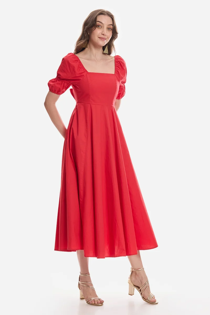 Virgio Solid Cotton Square Neck Midi Dress for Women