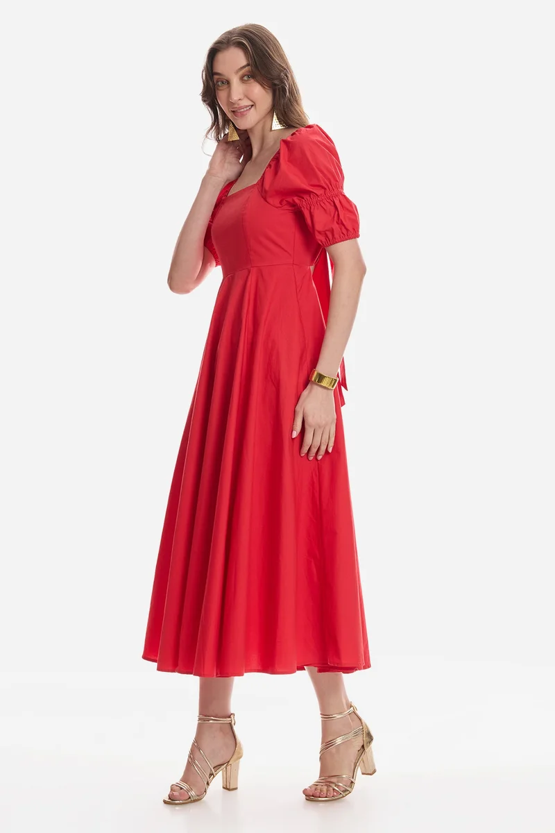 Virgio Solid Cotton Square Neck Midi Dress for Women