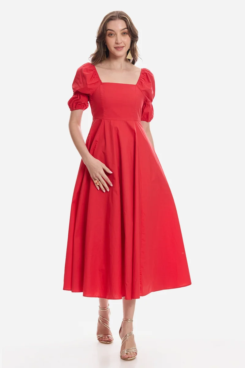Virgio Solid Cotton Square Neck Midi Dress for Women