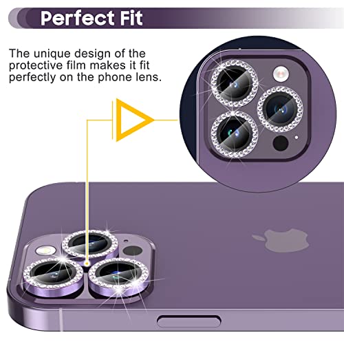 Suoman for iPhone 14 Pro Max / 14 Pro Camera Lens Protector, [Diamonds Bling] 9H Tempered Glass, Full Coverage Metal Protective Cover - Diamond Purple - Image 4