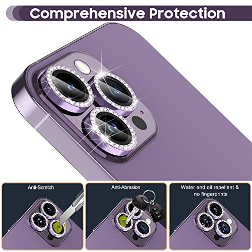 Suoman for iPhone 14 Pro Max / 14 Pro Camera Lens Protector, [Diamonds Bling] 9H Tempered Glass, Full Coverage Metal Protective Cover - Diamond Purple - Image 3