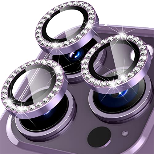 Suoman for iPhone 14 Pro Max / 14 Pro Camera Lens Protector, [Diamonds Bling] 9H Tempered Glass, Full Coverage Metal Protective Cover - Diamond Purple - Image 1