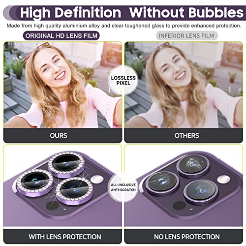 Suoman for iPhone 14 Pro Max / 14 Pro Camera Lens Protector, [Diamonds Bling] 9H Tempered Glass, Full Coverage Metal Protective Cover - Diamond Purple - Image 5