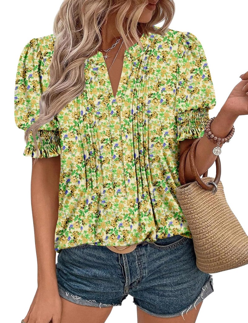 CRAZY GRID Womens Business Casual Blouse V neck Summer Dressy Work Tops Puff Short Sleeve Dress Shirts Pleated Trendy Office Tunic Tshirt Printed Floral Lemon Green M - Image 2