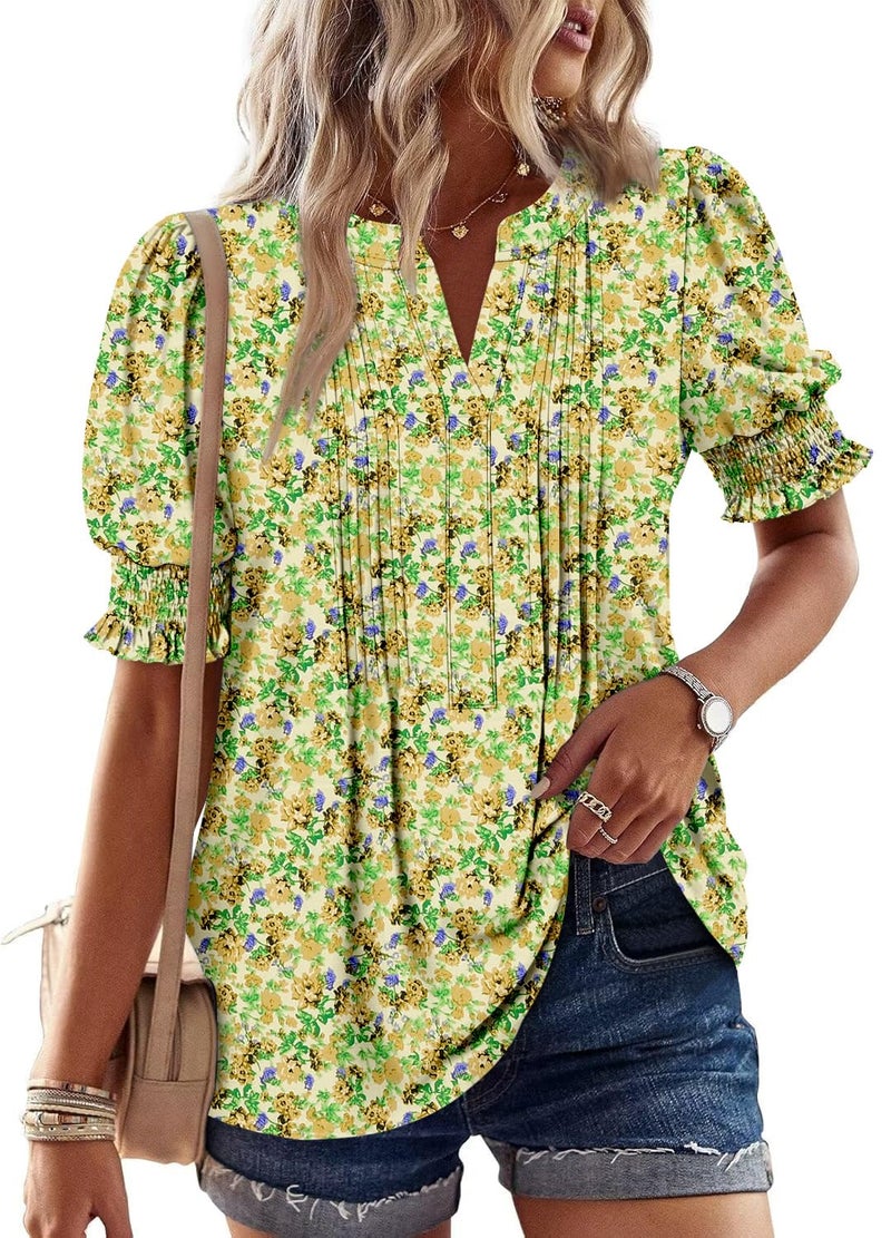 CRAZY GRID Womens Business Casual Blouse V neck Summer Dressy Work Tops Puff Short Sleeve Dress Shirts Pleated Trendy Office Tunic Tshirt Printed Floral Lemon Green M - Image 3