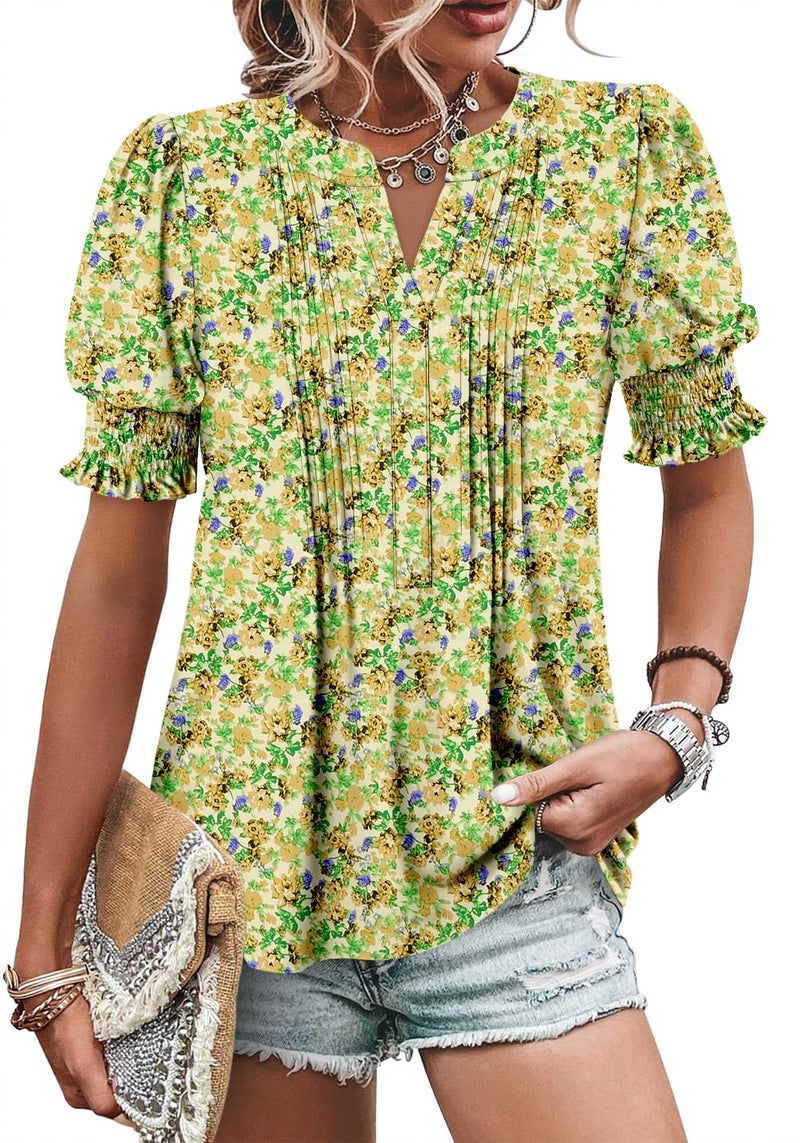 CRAZY GRID Womens Business Casual Blouse V neck Summer Dressy Work Tops Puff Short Sleeve Dress Shirts Pleated Trendy Office Tunic Tshirt Printed Floral Lemon Green M - Image 4