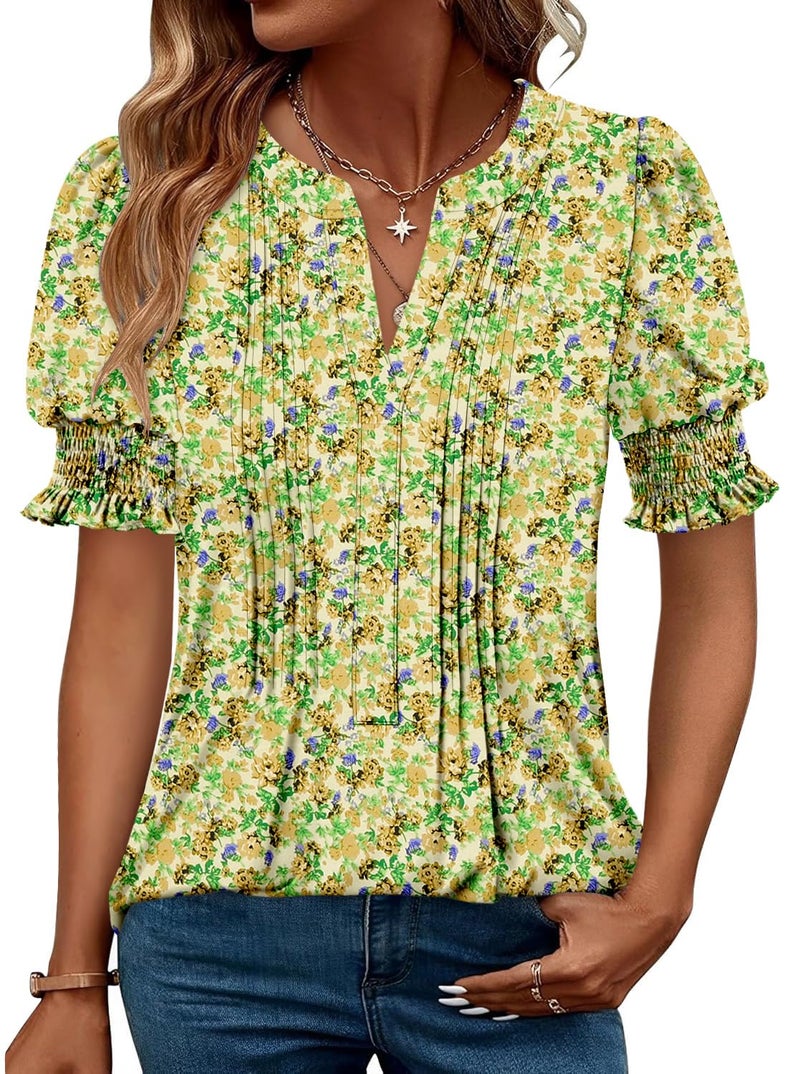 CRAZY GRID Womens Business Casual Blouse V neck Summer Dressy Work Tops Puff Short Sleeve Dress Shirts Pleated Trendy Office Tunic Tshirt Printed Floral Lemon Green M - Image 1