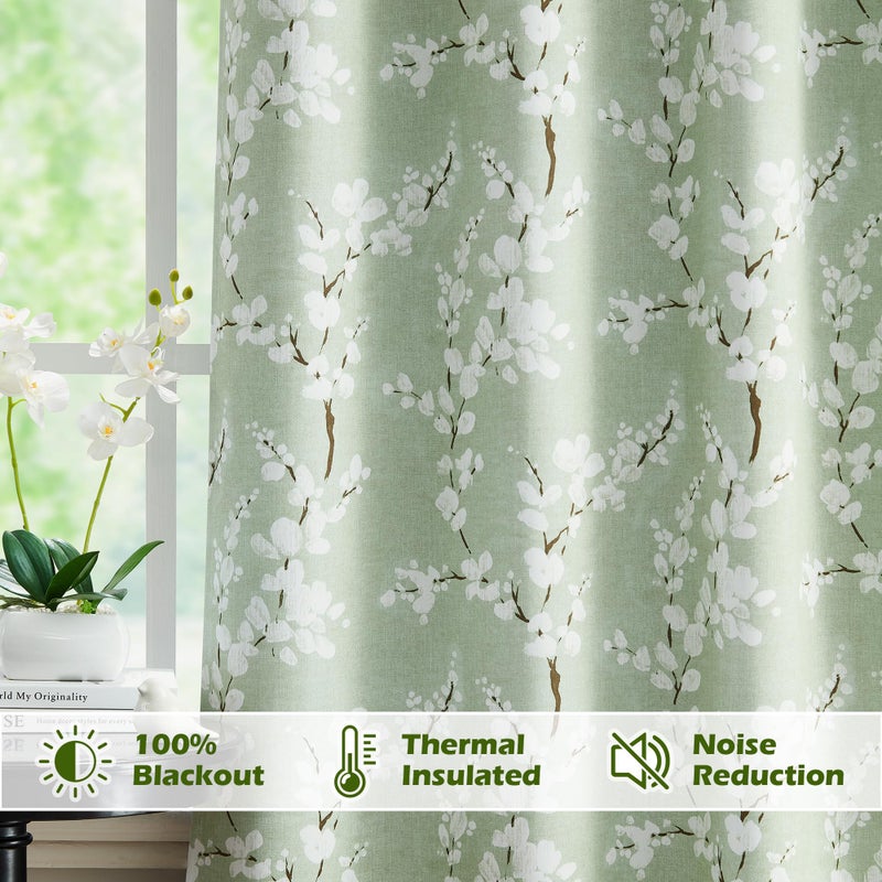 FMFUNCTEX 100% Blackout Sliding Door Curtains for Living Room  Green Floral Print Extra 100 Wide Window Curtain Panels for Sliding Glass Door  Thermal Insulated 1 Panel Grommet (White on Sage) - Image 4