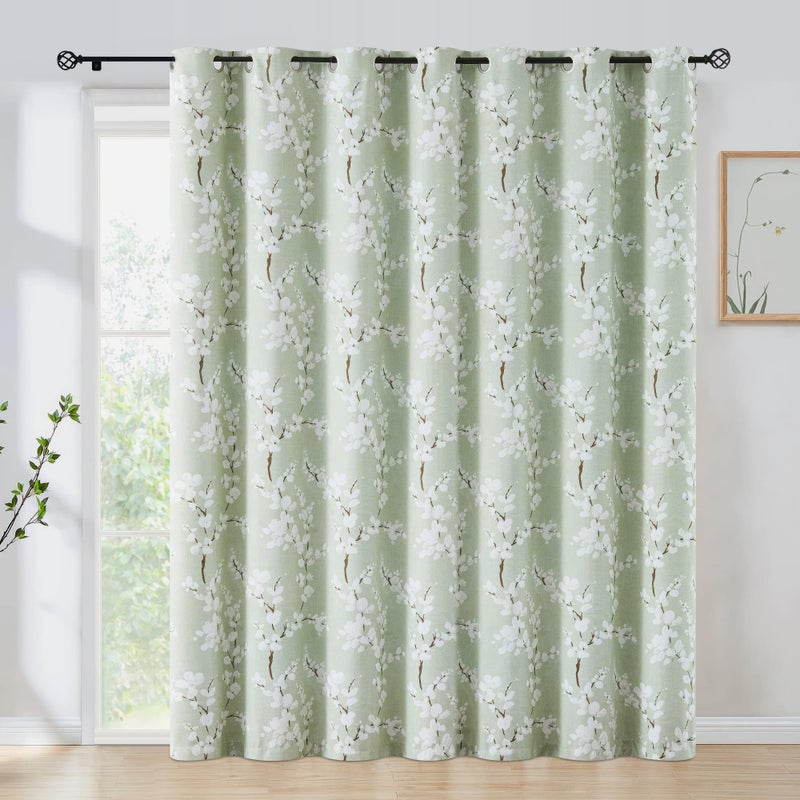 FMFUNCTEX 100% Blackout Sliding Door Curtains for Living Room  Green Floral Print Extra 100 Wide Window Curtain Panels for Sliding Glass Door  Thermal Insulated 1 Panel Grommet (White on Sage) - Image 1