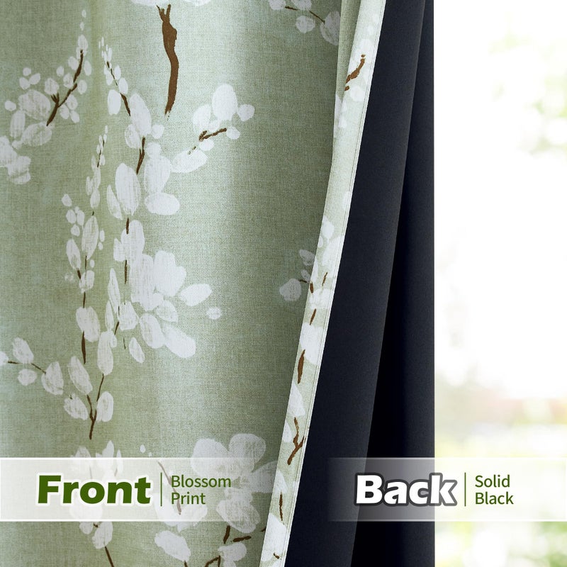 FMFUNCTEX 100% Blackout Sliding Door Curtains for Living Room  Green Floral Print Extra 100 Wide Window Curtain Panels for Sliding Glass Door  Thermal Insulated 1 Panel Grommet (White on Sage) - Image 3
