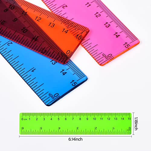 Unjoo Clear Plastic Ruler 6 Inch Straight Rulers, Bulk Assorted Colors, Shatterproof Ruler with Inches and Centimeters for School Classroom, Home, or Office (8 Pack) - Image 3