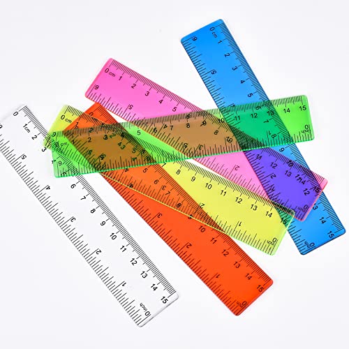 Unjoo Clear Plastic Ruler 6 Inch Straight Rulers, Bulk Assorted Colors, Shatterproof Ruler with Inches and Centimeters for School Classroom, Home, or Office (8 Pack) - Image 2