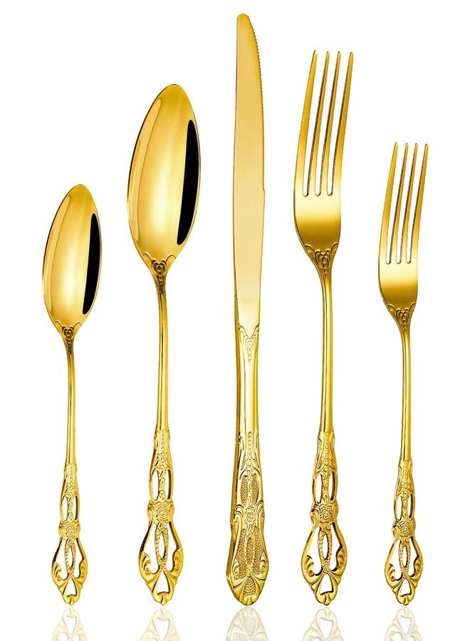 Cididu 40 Pieces Gold Silverware Set for 8, Retro Royal Utensils Set Gold, Stainless Steel Flatware Dinnerware Set Including Forks Spoons and Knives Cutlery Set for Kitchen Wedding Party - Image 1