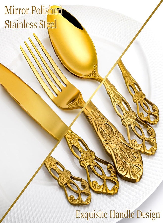 Cididu 40 Pieces Gold Silverware Set for 8, Retro Royal Utensils Set Gold, Stainless Steel Flatware Dinnerware Set Including Forks Spoons and Knives Cutlery Set for Kitchen Wedding Party - Image 4