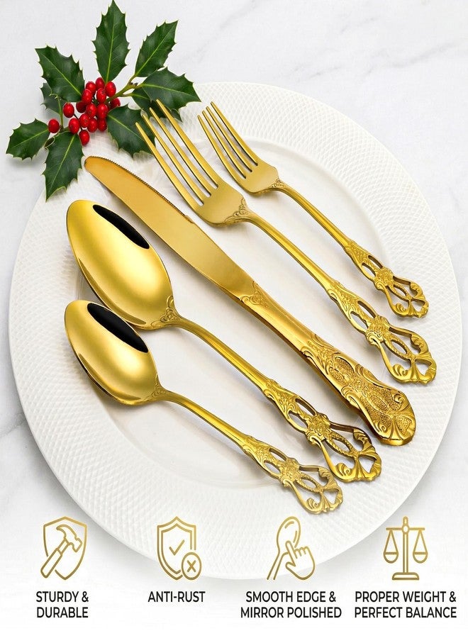 Cididu 40 Pieces Gold Silverware Set for 8, Retro Royal Utensils Set Gold, Stainless Steel Flatware Dinnerware Set Including Forks Spoons and Knives Cutlery Set for Kitchen Wedding Party - Image 3
