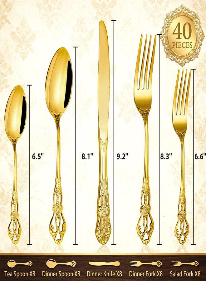 Cididu 40 Pieces Gold Silverware Set for 8, Retro Royal Utensils Set Gold, Stainless Steel Flatware Dinnerware Set Including Forks Spoons and Knives Cutlery Set for Kitchen Wedding Party - Image 2