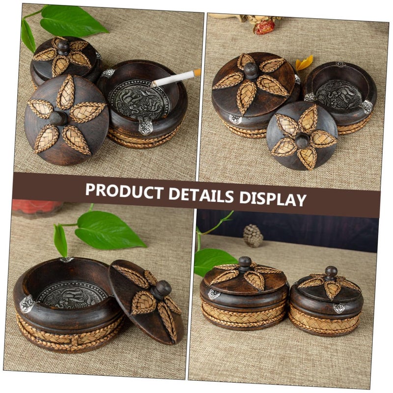 Handmade Thai Solid Wood Ashtray With Lid Vintage Decorative For Home Office Cafe - Image 4