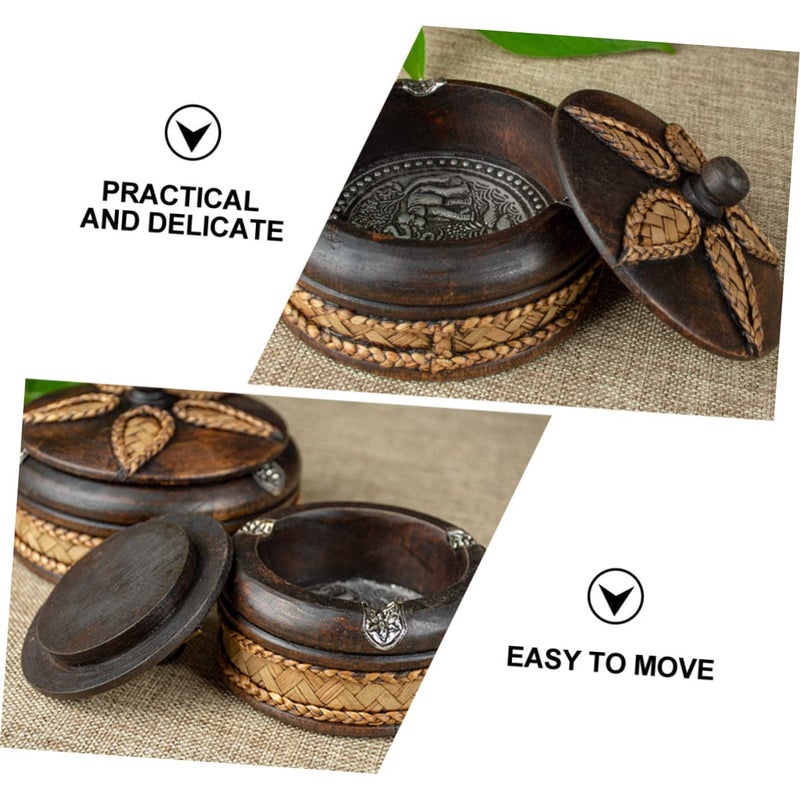 Handmade Thai Solid Wood Ashtray With Lid Vintage Decorative For Home Office Cafe - Image 5