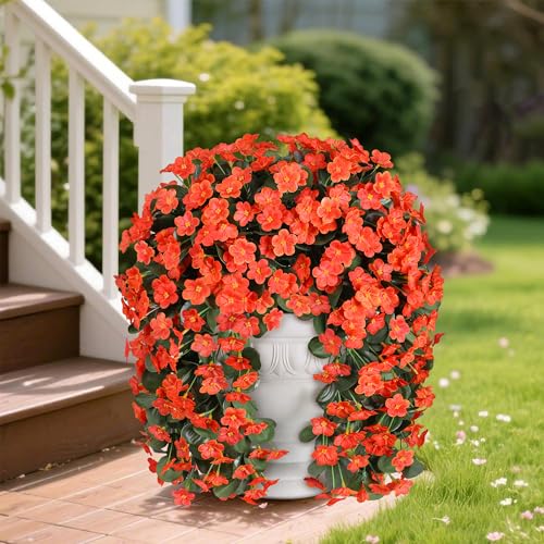 HyeFlora Artificial Fake Fall Hanging Flowers Plants for Outdoor Outside, 2PCS Faux Silk Orange Daisy Mums Trailing Vines UV Resistant Realistic Orchid for Autumn Front Door Porch Planter Patio Garden - Image 3