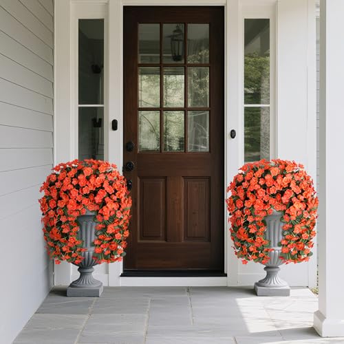 HyeFlora Artificial Fake Fall Hanging Flowers Plants for Outdoor Outside, 2PCS Faux Silk Orange Daisy Mums Trailing Vines UV Resistant Realistic Orchid for Autumn Front Door Porch Planter Patio Garden - Image 2