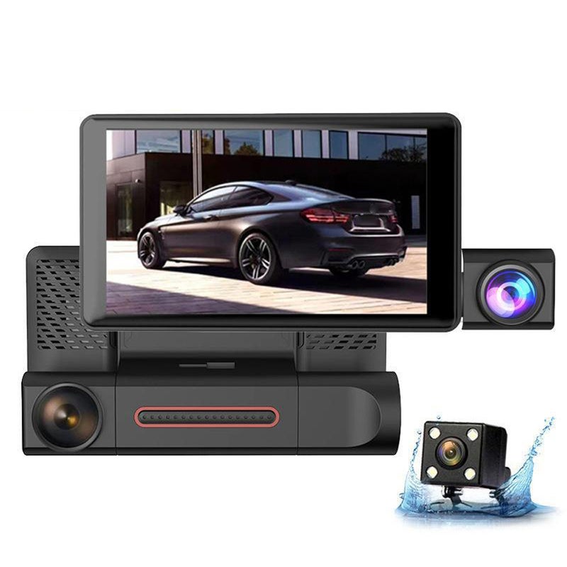 كاميرا مراقبة قيادة DVR بدقة 1080P بثلاث عدسات (مقدمة وداخل وخلفية) مسجل قيادة بشاشة 4 بوصات تدعم الرؤية الليلية/اكتشاف الحركة/التسجيل المتتالي/صورة العكس/عدة لغات - Image 1