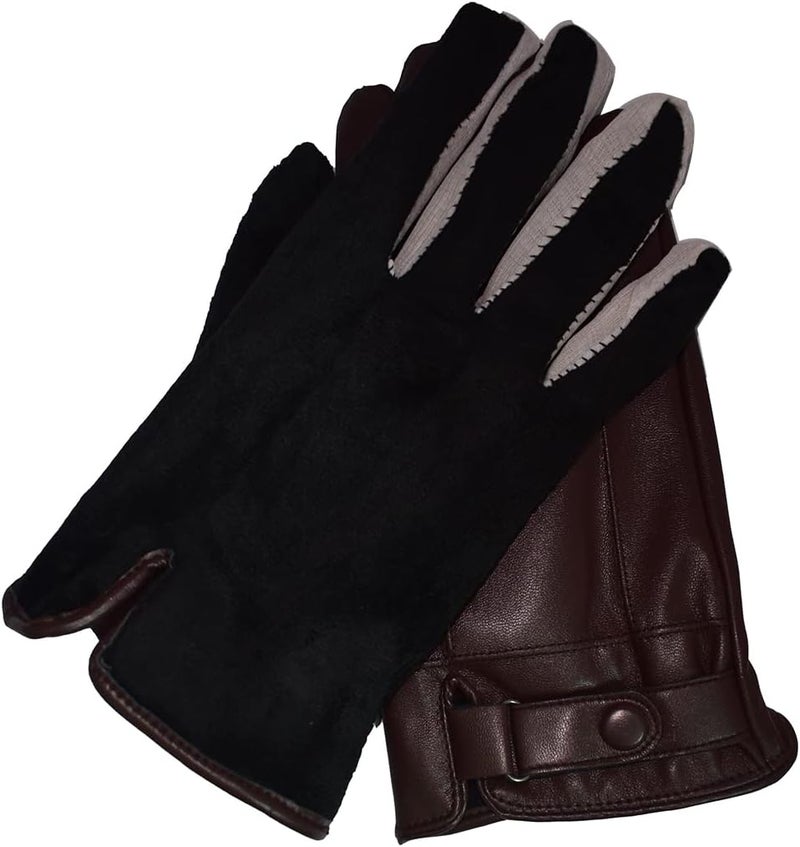 AZYOUNG Men’s Winter Autumn Black Brown Smooth PU Leather Plus Thick Velvet Touch Screen Gloves - Image 5