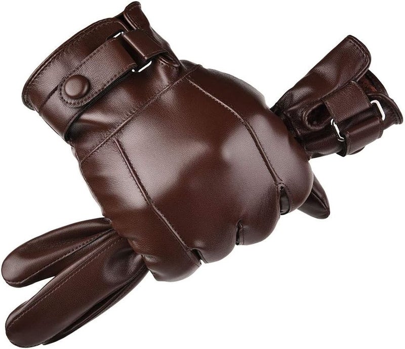 AZYOUNG Men’s Winter Autumn Black Brown Smooth PU Leather Plus Thick Velvet Touch Screen Gloves - Image 1