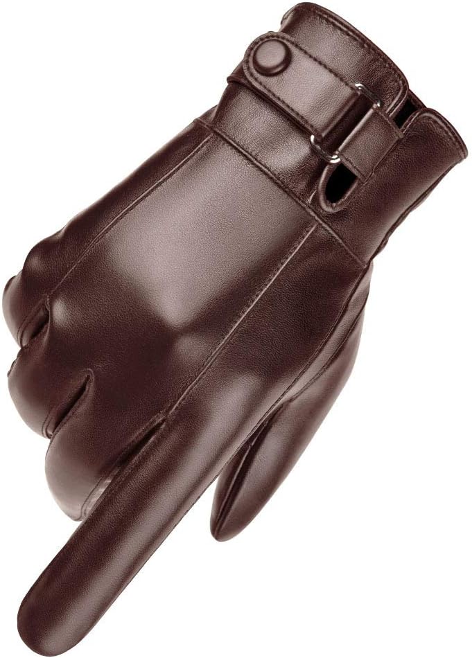 AZYOUNG Men’s Winter Autumn Black Brown Smooth PU Leather Plus Thick Velvet Touch Screen Gloves - Image 2