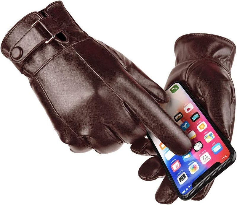 AZYOUNG Men’s Winter Autumn Black Brown Smooth PU Leather Plus Thick Velvet Touch Screen Gloves - Image 3