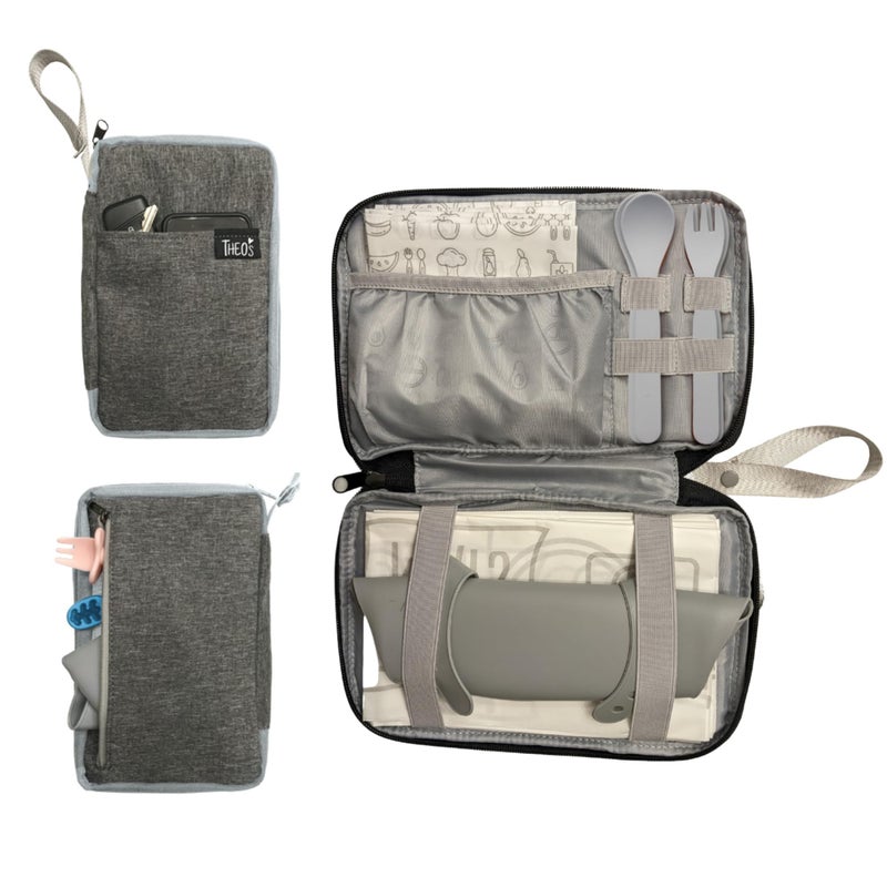 THEO'S Baby Led Weaning Supplies Clutch - Fits Mealtime Essentials and Includes Utensils Loops, Wet-Bag for Baby Wipes or Dirty Items, & Storage for Bibs & Disposable Mats for Under High Chair - Image 1