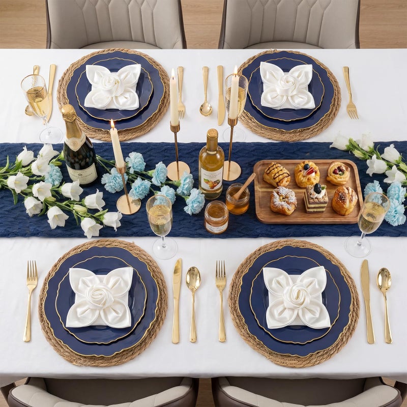 WDF 100pcs Blue Plastic Plates - Baroque Blue&Gold Disposable Plates for Parties/Wedding-50Plastic Dinner Plates 10.25in, 50Salad Plates 7.5in for Party/Birthday/Wedding/Passover/Easter - Image 5