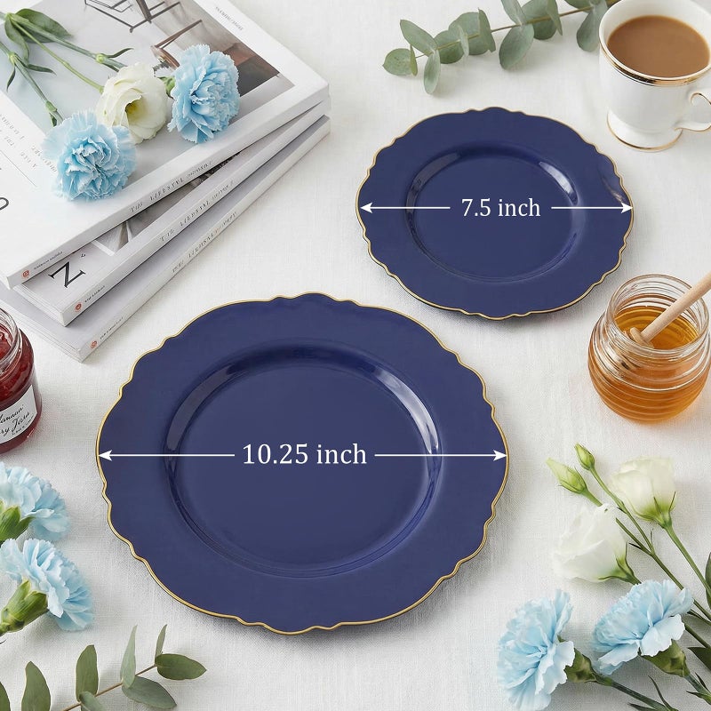 WDF 100pcs Blue Plastic Plates - Baroque Blue&Gold Disposable Plates for Parties/Wedding-50Plastic Dinner Plates 10.25in, 50Salad Plates 7.5in for Party/Birthday/Wedding/Passover/Easter - Image 3