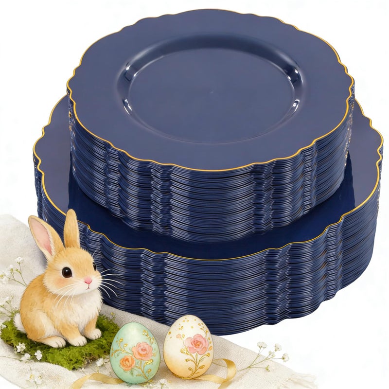 WDF 100pcs Blue Plastic Plates - Baroque Blue&Gold Disposable Plates for Parties/Wedding-50Plastic Dinner Plates 10.25in, 50Salad Plates 7.5in for Party/Birthday/Wedding/Passover/Easter - Image 1