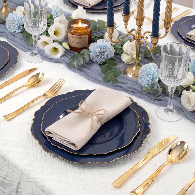 WDF 100pcs Blue Plastic Plates - Baroque Blue&Gold Disposable Plates for Parties/Wedding-50Plastic Dinner Plates 10.25in, 50Salad Plates 7.5in for Party/Birthday/Wedding/Passover/Easter - Image 2