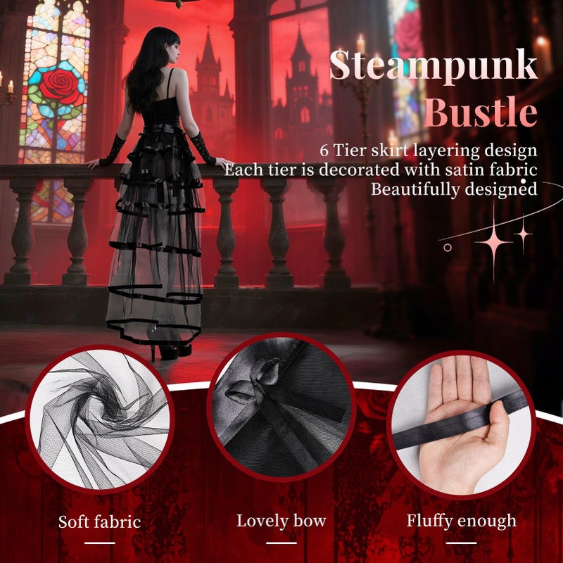iHUFeather Victorian Steampunk Bustle Skirt Layered Tie on Belt Tulle Tutu Long Overskirt for Women(Black) - Image 4