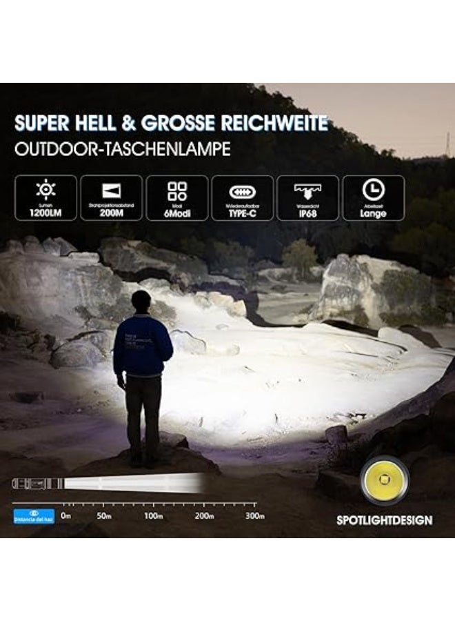 WUBEN Rechargeable L50 LED Flashlight, Powerful Tactical Torch with 1200 Lumens Brightness and 5 Lighting Modes, Perfect for Search, Camping, and Emergency – Portable Super Bright Flashlight - Image 5