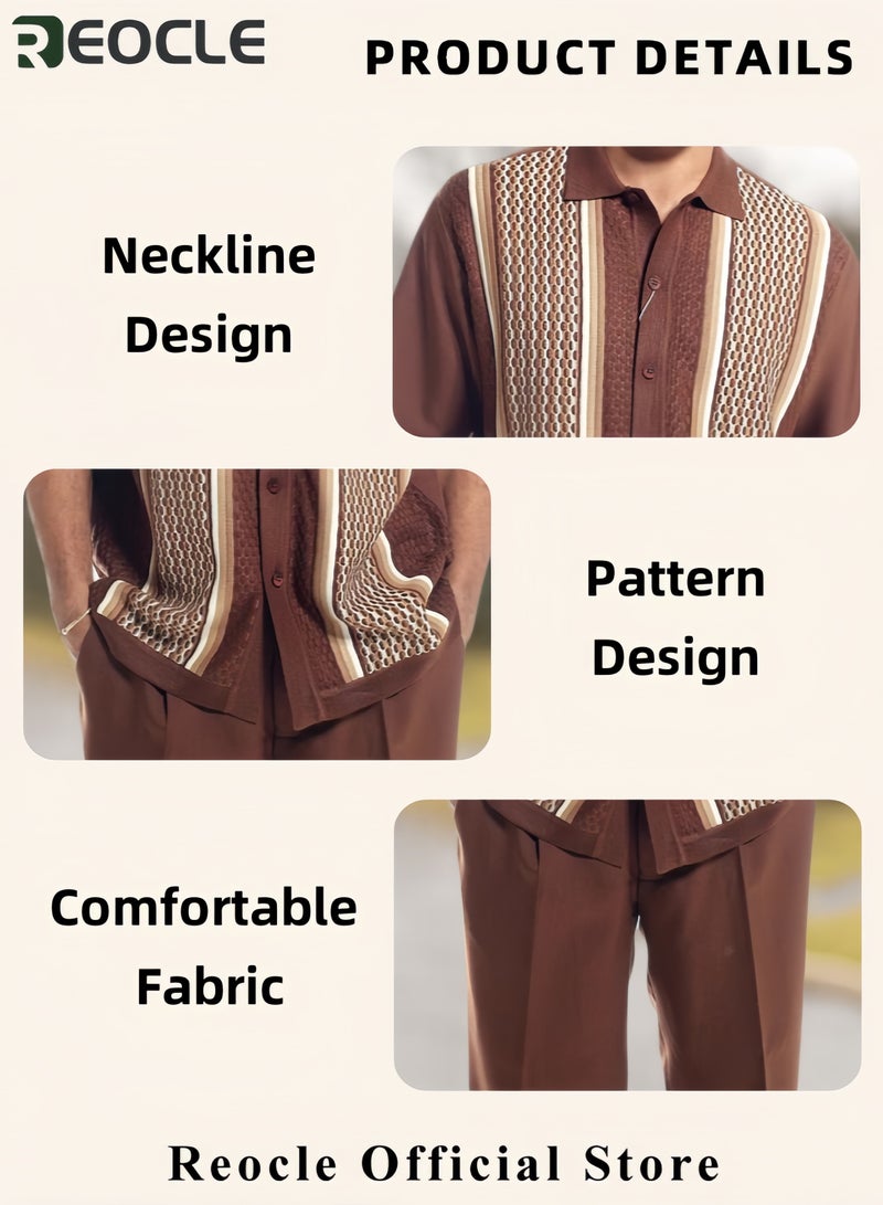 REOCLE Men's 2PCS Set Casual Holiday Style Set Short Sleeve Button Down Hawaiian Pants Set Casual Beach Style  Polo Shirt and Pants Set - Image 3
