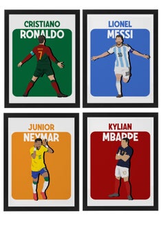 Set of 4, Messi Ronaldo Neymar Mbappe ( Argentina Portugal Brazil France ) Football Gift Illustration Art Poster with Frame 50x40cm