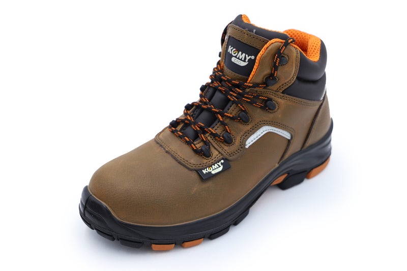 Komy Pro Series Premium Engineer High Ankle Safety Shoes S3L SR Non Metalic,  With Composite Toe Cap, Kevlar Midplate, Antistatic EVA ,PU/Rubber Outsole, Super Slip-Resistant , Breathable & Abrasion Resistant Mesh Lining & Brown Oil Leather Upper  - Model No: KMS225M - Image 1