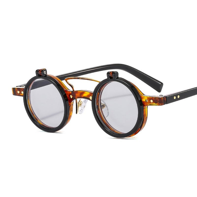 T307 Retro Round Punk Flip-up Sunglasses Unisex C3 leopard print black frame light gray sheet