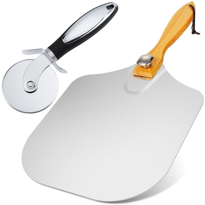 PIZZA PEEL 12 X 14INCHES PIZZA PADDLE PIZZA SPATULA SHOVEL PIZZA CUTTER PIZZA PEEL WITH FOLDABLE WOOD HANDLE ALUMINUM PIZZA TURNER PEEL TOOLS MAKING ACCESSORIES FOR BAKING PIZZA BREAD