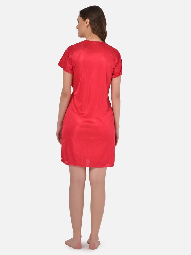 Klamotten Women Red Satin Short Sleeve Robe - Image 2
