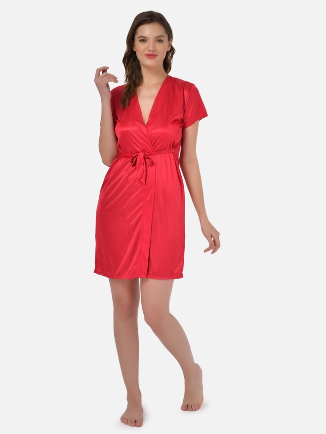 Klamotten Women Red Satin Short Sleeve Robe - Image 3