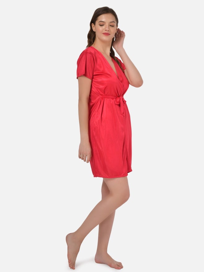 Klamotten Women Red Satin Short Sleeve Robe - Image 5