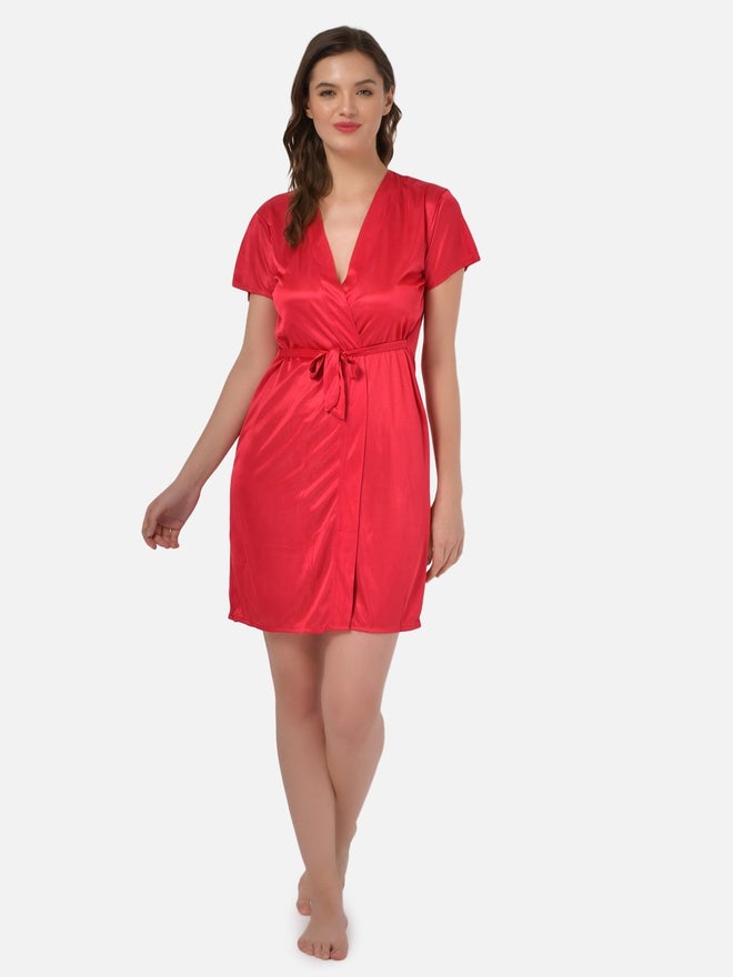 Klamotten Women Red Satin Short Sleeve Robe - Image 1
