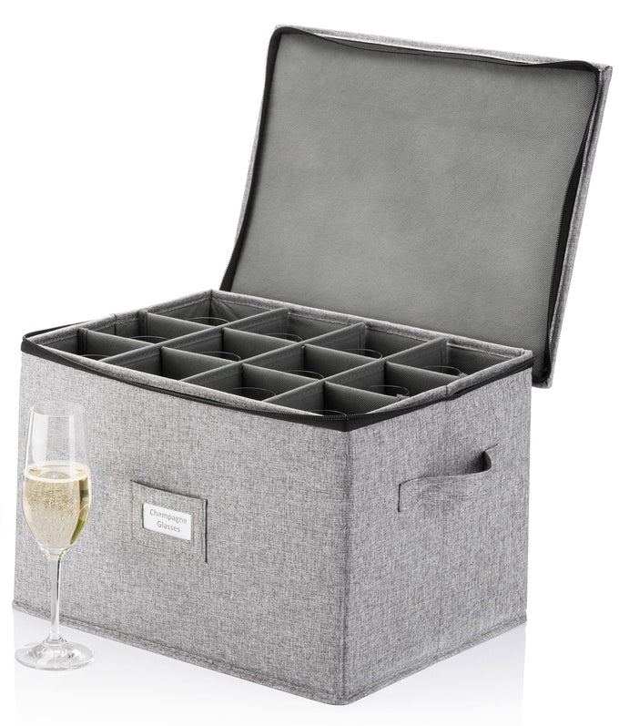 CHAMPAGNE FLUTE STORAGE BOX HARD SHELL CHINA STORAGE HOLDS 12 STEMWARE GLASSES PROTECTS FLUTES CRYSTAL GLASS WINE GLASSES AND FINE CHINA STACKABLE FULLY PADDED INSIDE