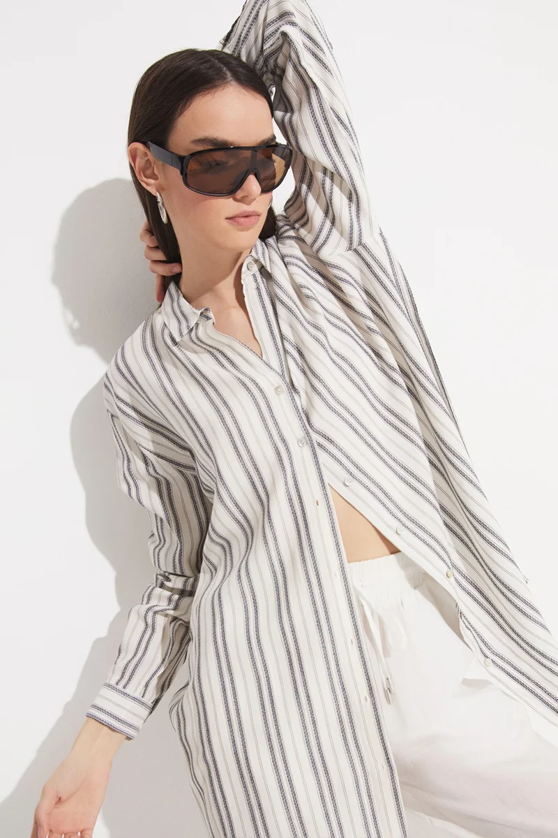 جون Women's Exclusive Boyfriend/Wide Pattern Striped 100% Viscose Woven Shirt