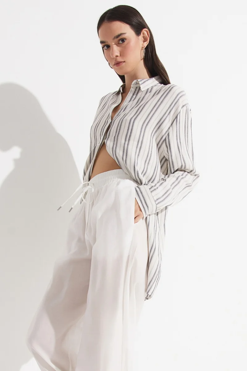 جون Women's Exclusive Boyfriend/Wide Pattern Striped 100% Viscose Woven Shirt