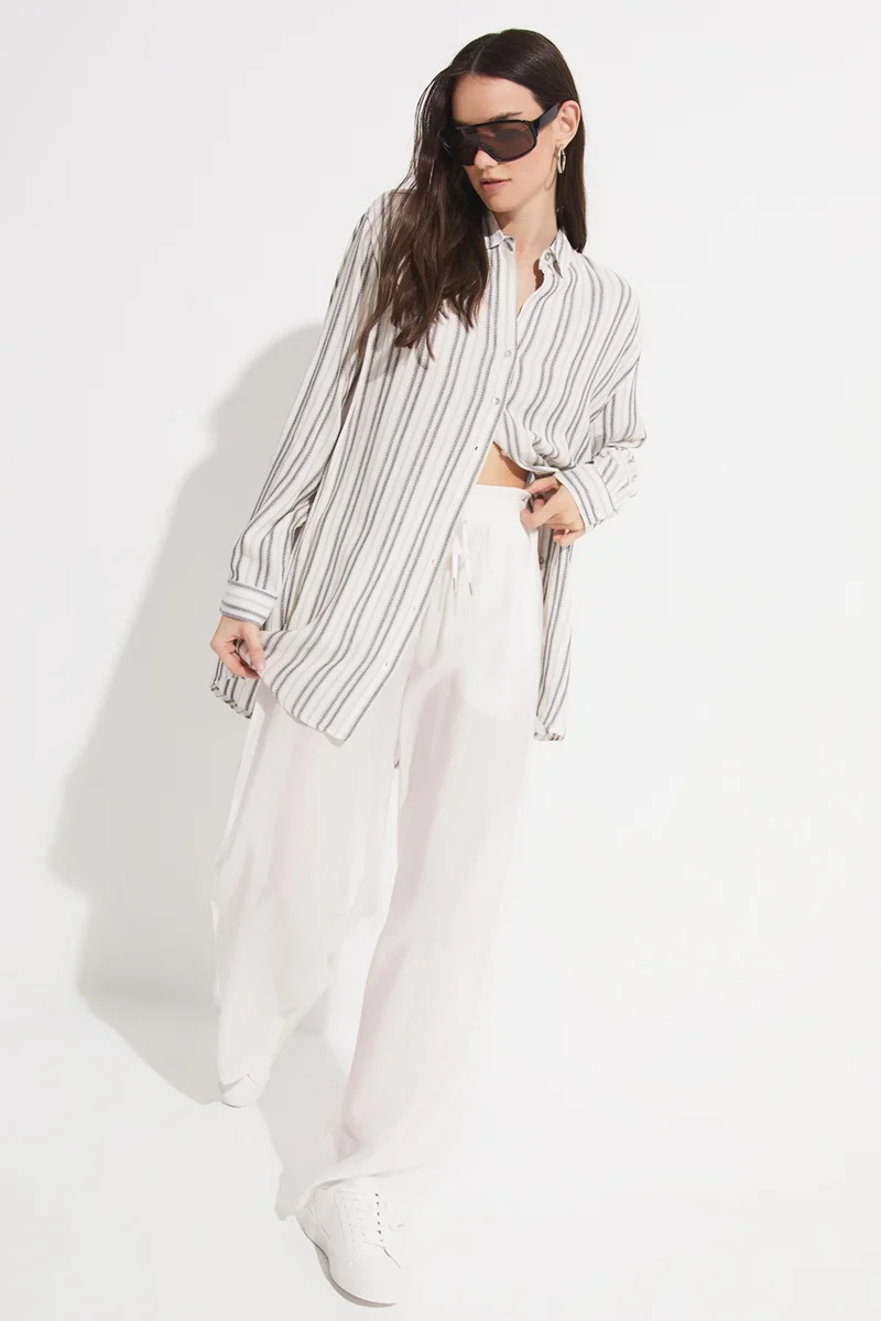 جون Women's Exclusive Boyfriend/Wide Pattern Striped 100% Viscose Woven Shirt