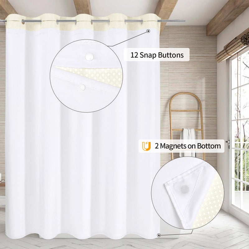 MitoVilla No Hooks Needed Extra Long Shower Curtain Set with Snap-in Liner  Ivory 86 inch XL Heavyweight Waffle Fabric Cloth Shower Curtains for Modern Luxury Hotel & Spa Bathroom Decor  Ivory/Beige - Image 1